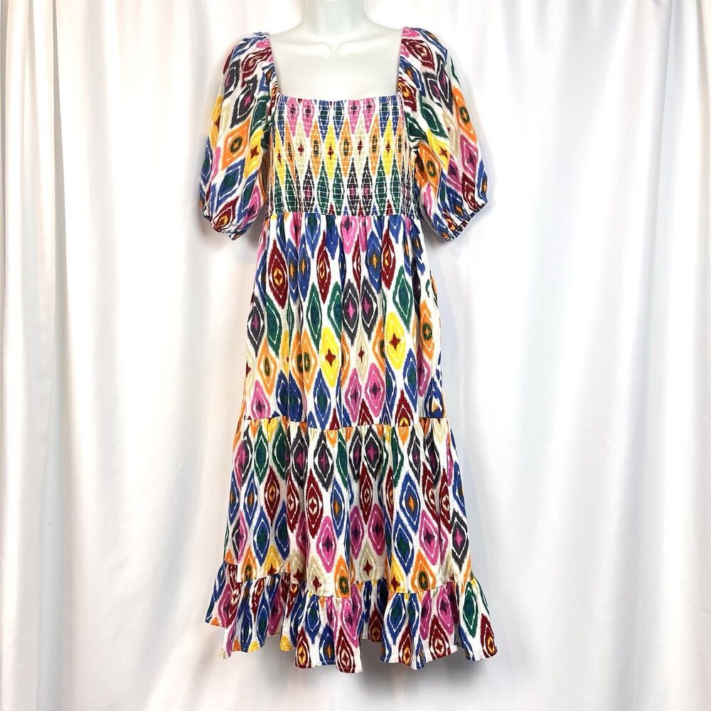 THML Women’s Medium Smocked Ikat Print Midi Dress Puff Sleeve Boho Cottagecore - Picture 2 of 10